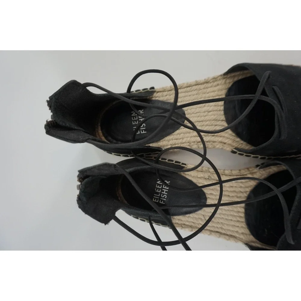 Eileen Fisher Lace Leather Espadrille Flats Minimalist Suede Ankle Tie Black 8.5